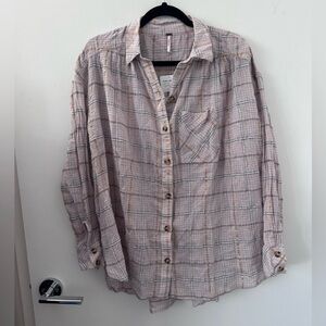 Free People Plaid Button Down Shirt in Pink and Gray